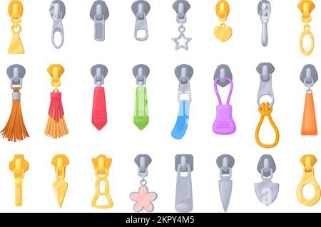 Fermeture à glissière. Fermetures à glissière avec pampille en cuir sur le cordon pour sac à dos zippé, élégant extracteur en métal doré fermoir bagages ou sacs à main fermeture à glissière accessoires, illustration vectorielle des accessoires de fermeture à glissière Illustration de Vecteur