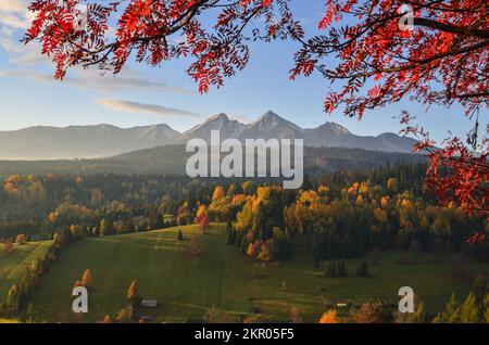 Belle vue sur la montagne rurale. Paysage d'automne avec des arbres et des collines colorés en arrière-plan. Photo prise dans le village d'Asturias, Slovaquie. Banque D'Images