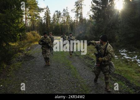 ÉTATS-UNIS Des soldats affectés à l'escadron du génie régimentaire, 2nd Cavalry Regiment, effectuent des manœuvres d'escouade en réponse à une embuscade potentielle comme l'une des tâches requises pour le défi des pionniers dans la zone d'entraînement de Grafenwoehr, en Allemagne, le 21 novembre 2022. Les soldats de l'escadron du génie régimentaire qui ont réussi le défi des pionniers gagnent l'honneur de porter des éperons de cavalerie. (É.-U. Photo de l'armée par le Cpl Austin Riel) Banque D'Images