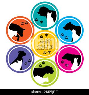 Affiche pour animaux de compagnie avec silhouettes de différents chiens et chats dans des cercles colorés Illustration de Vecteur