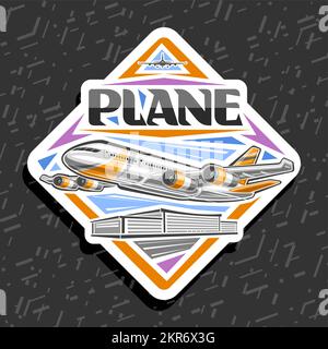 Logo vectoriel pour avion en mouvement, étiquette décorative blanche de losange avec illustration d'avion orange à grande vitesse avec 4 turbines, vol sur le ciel de jour rétrogr Illustration de Vecteur