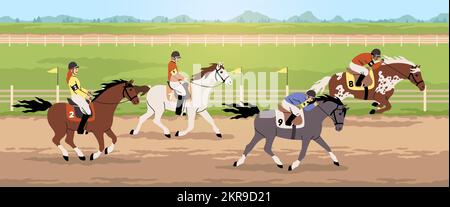 Compétitions équestres. Courses hippiques, tournoi de sport hippique, jockeys professionnels portant des casques sur des chevaux de course, galop et saut, dessin animé plat Illustration de Vecteur