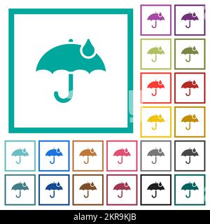 Parapluie avec un seul raindrop Uni de couleur plate icônes avec cadres de quadrant sur fond blanc Illustration de Vecteur