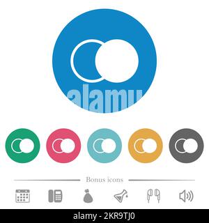 Chevauchement d'éléments icônes blanches plates sur des arrière-plans de couleur ronde. 6 icônes bonus incluses. Illustration de Vecteur