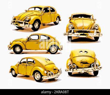 Affichage de voiture classique sur divers scarabées jaunes dans un style ancien. Le Retro Bug Banque D'Images