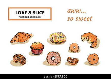 Croquis de couleur dessinés à la main, produits de boulangerie sucrés Illustration de Vecteur