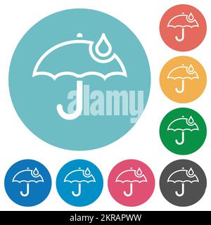 Parapluie avec un seul contour de raindrop icônes blanches plates sur des arrière-plans de couleur ronde Illustration de Vecteur