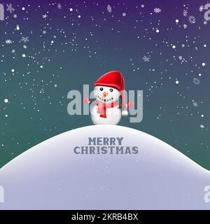 Chute de neige et bonhomme de neige à la colline de Noël Illustration de Vecteur