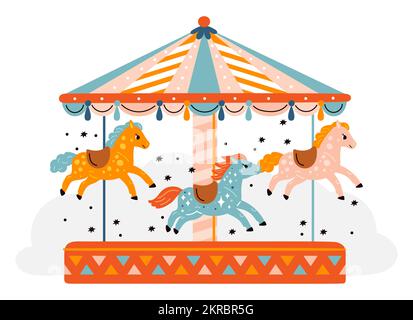 Carrousel de chevaux. Parc pour enfants. Roue de carnaval avec poneys drôles. Animaux équins décoratifs. Tours. Appareil de divertissement rotatif Illustration de Vecteur