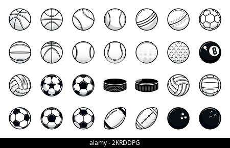 Lot de 28 icônes de ballons sport vintage. Cricket, baseball, football américain, football, volley-ball, Golf, basket-ball, hockey. Illustration de Vecteur