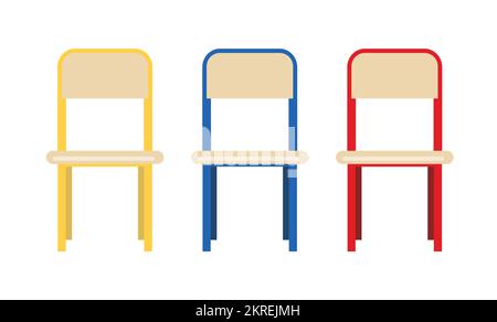 Ensemble d'illustrations clipart vectorielles pour chaise d'école. Design avant de chaise en bois pour salle de classe. Rangée de chaises de salle de classe. Illustration de Vecteur