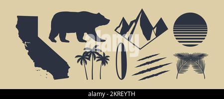 Ensemble de 8 symboles de Californie. Carte de Californie, palmiers, montagnes. Griffes d'ours et de rayures. Soleil rétro californien. Éléments vintage pour le logo du design Illustration de Vecteur