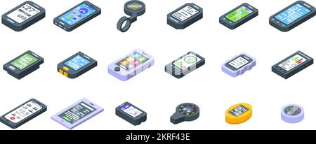 Les icônes de l'ordinateur de vélo définissent le vecteur isométrique. Numérique routier. L'énergie sportive Illustration de Vecteur