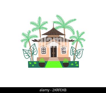 Maison indonésienne traditionnelle de style plat avec palmiers et plantes, illustration vectorielle Illustration de Vecteur