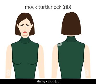 Faux cols col côtelé vêtements tricot, chandails caractère belle dame en vert foncé haut, chemise, robe technique mode illustration avec corps ajusté. Modèle de vêtement plat. Femmes, hommes unisex Illustration de Vecteur