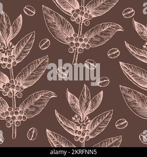 Branches de café et haricots. Motif sans couture avec gravure de style vintage. Dessin vectoriel Illustration de Vecteur