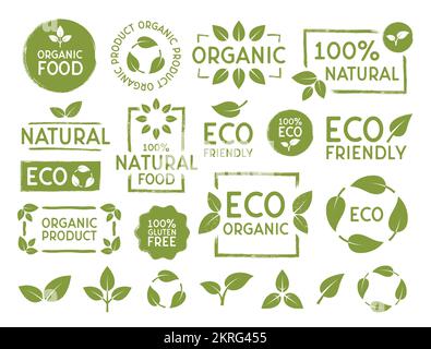 Ensemble d'autocollants, d'étiquettes, de badges et de logos pour les produits écologiques, bio, biologiques et naturels. Jeu d'icônes écologiques. Illustration de Vecteur