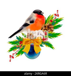 Bullfinch sur une branche de sapin avec une balle du nouvel an. Bullfinch et boule bleue. Ballon du nouvel an avec un arc. GUI, cônes, coton. Aquarelle illustrati Banque D'Images