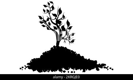 Silhouette noire de petite pousse d'arbre avec des feuilles dans la pile de sol isolées sur blanc. Elément de conception vectoriel. Illustration de Vecteur