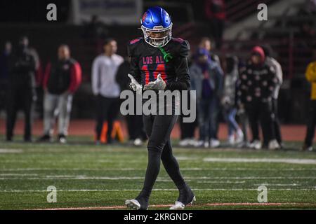 Los Alamitos Griffins grand récepteur Makai Lemon (14) lors d'une CIF Section Sud Division 1 quart de finale match contre long Beach Poly le vendredi, non Banque D'Images