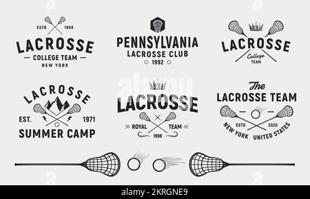 Lot de 6 logos Lacrosse et 3 éléments de design. Crosse bâton et boule isolés sur fond blanc. Illustration de Vecteur