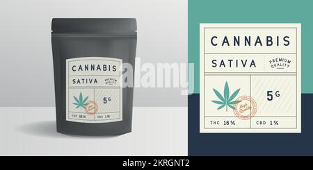 Paquet zip de cannabis, maquette de pochette. Étiquette tendance vintage, modèle d'autocollant. Étiquette de marijuana. Illustration de Vecteur