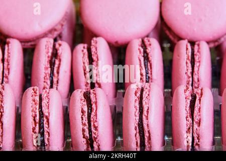 Vue détaillée sur les macarons de couleur rose dans la boulangerie et le café Banque D'Images