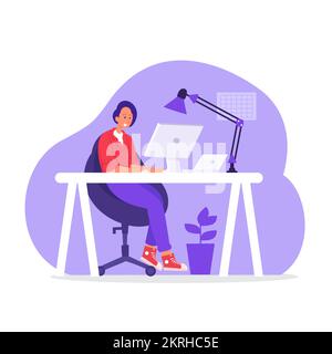 Graphiste sur le lieu de travail. femme indépendante assise à l'espace de travail. Illustration de Vecteur