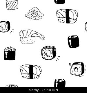 Icônes isolées de sushi dans un motif sans couture, illustration vectorielle. Conception de papier d'emballage pour les emballages de livraison de nourriture de restaurant japonais. Asiatique traditionnel Illustration de Vecteur