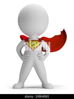 La petite personne 3d super héros debout dans une pose assurée dans un imperméable. Image 3d. Arrière-plan blanc. Banque D'Images