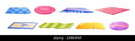 Tapis, tissu et tapis de sol moelleux pour l'intérieur de la maison, le bain et le pique-nique. Tapis en tissu formes circulaires, carrées et rectangulaires avec motif rayé et abstrait, ensemble de dessins animés vectoriels Illustration de Vecteur