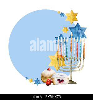 Décoration de Noël juive Hanukkah cadre rond avec menorah, dreidel, beignets traditionnels et étoiles de David pour Hanuka modèle de carte de vœux en bleu, yel Banque D'Images