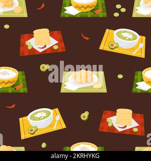 Motif sans couture et cuisine latino-américaine. Plats traditionnels nationaux tortillas de maïs mexicain, Arroz con leche, soupe verte, brea au fromage brésilien Illustration de Vecteur