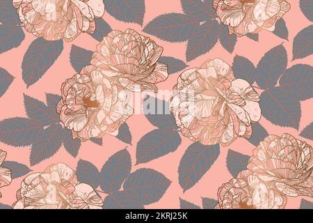 Motif floral répété sans couture de roses et de feuilles aux couleurs gris ardoise, or et corail clair. Conception de papiers peints pour textiles, papiers, imprimés, mode, fond de cartes, produits de beauté. Illustration de Vecteur