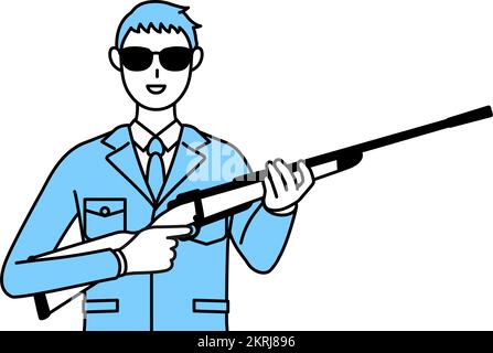 Dessin de ligne simple d'un homme dans des vêtements de travail portant des lunettes de soleil et tenant un fusil. Illustration de Vecteur