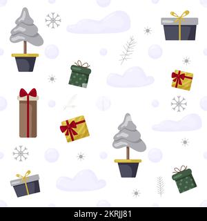 Motif de Noël avec sapin, père noël, décoration, cadeaux. Motif de Noël sans coutures idéal pour le textile, l'emballage, le papier peint et le design. Illustration de Vecteur