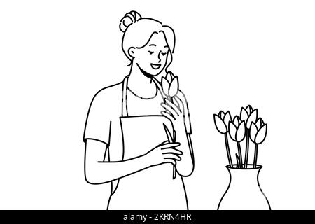 Femme souriante en tablier avec fleurs en magasin. Bonne fleuriste femelle travaillant avec la composition de roses dans la boutique florale. Illustration vectorielle. Illustration de Vecteur