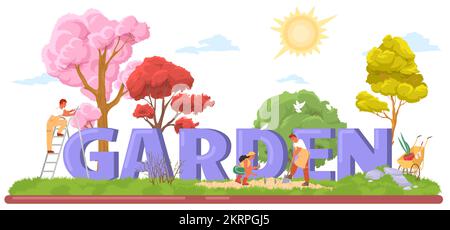 Poster vecteur de jardin avec les gens de jardinage Illustration de Vecteur