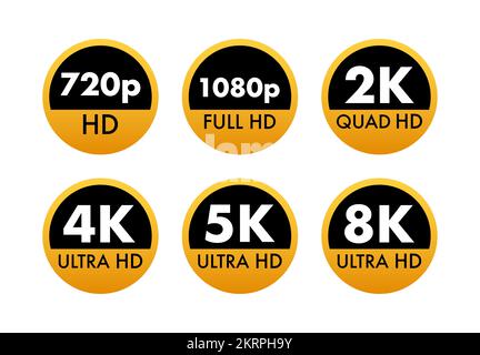 Étiquettes de dimension vidéo. Résolution vidéo 720, 1080, 2k, 4K, 8k badges. Élément de conception de qualité. Illustration du stock vectoriel. Illustration de Vecteur