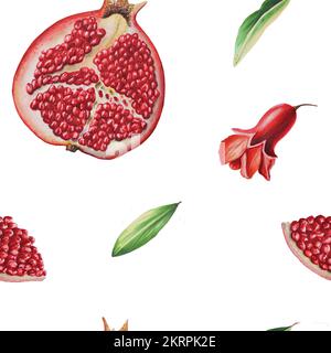 Motif aquarelle sans couture avec grenade mûre à moitié coupée avec des feuilles et des fleurs. Grenat à main réaliste savoureux fruits rouges isolés Banque D'Images