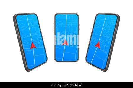 Smartphone avec application de navigation mobile à l'écran. Carte d'itinéraire avec symboles indiquant l'emplacement de l'homme. Illustration du stock vectoriel. Illustration de Vecteur