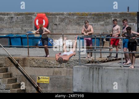 Un vacanciers qui plonge dans la mer au port de Newquay, en Cornouailles, en Angleterre, au Royaume-Uni. Banque D'Images