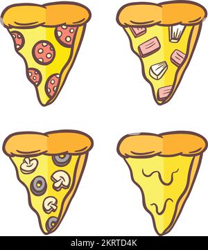 Mignon Cartoon Pizza Slice personnage avec des garnitures gaies dans l'illustration vectorielle Illustration de Vecteur