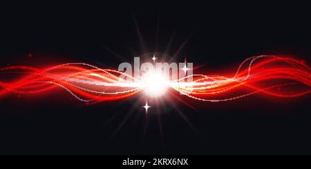 Les ondes de couleur rouge brillant abstraites se connectent et sont illustrées par un vecteur de flux. Formes courbes ondulées lumineuses magiques reliant et rayonnant, lignes d'énergie de tourbillon sur fond noir Illustration de Vecteur