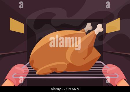 Mains du chef en gants de sécurité avec plateau de maintien avec illustration représentant un vecteur dinde. Personne de dessin animé cuisant la nourriture de Thanksgiving avec l'équipement de cuisine, ouvrant la porte du four pour mettre l'oiseau à rôtir le fond Illustration de Vecteur