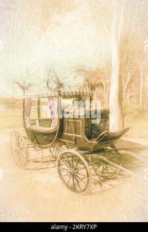 Illustration numérique de beaux-arts d'un chariot funéraire tiré par un cheval dans un gommage australien. Funérailles à l'ancienne Banque D'Images