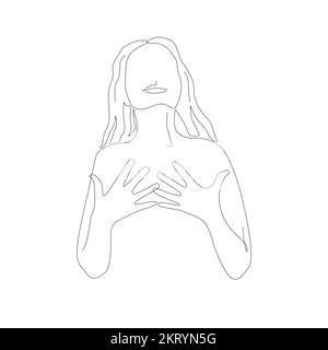 Bonne silhouette de femme reconnaissante avec les mains sur la poitrine et geste reconnaissant sur le visage. Illustration vectorielle de dessin de ligne continue. Jeune beau Illustration de Vecteur