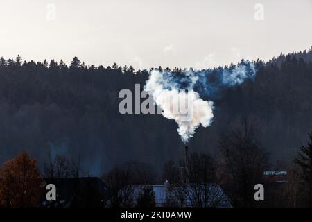29 novembre 2022, Bade-Wurtemberg, Bernau: La fumée s'élève d'une cheminée, tandis que la Forêt Noire peut être vue en arrière-plan. Photo: Philipp von Ditfurth/dpa Banque D'Images