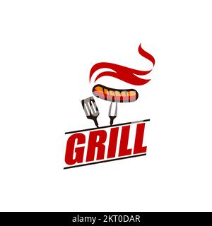 Restaurant grill, icône ou étiquette d'équipement de barbecue. Un café barbecue, une boucherie ou un symbole vectoriel de fête de cuisson au gril ou un panneau avec saucisse chaude à la vapeur Illustration de Vecteur