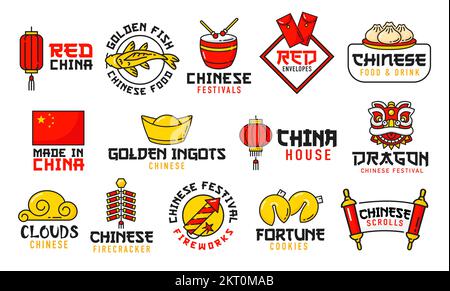 Icônes de la cuisine chinoise, du festival, des fêtes et de la religion. Poisson doré, tambour asiatique, enveloppe rouge et baozi, drapeau chinois, masque de dingot et de dragon, frecracker, f Illustration de Vecteur